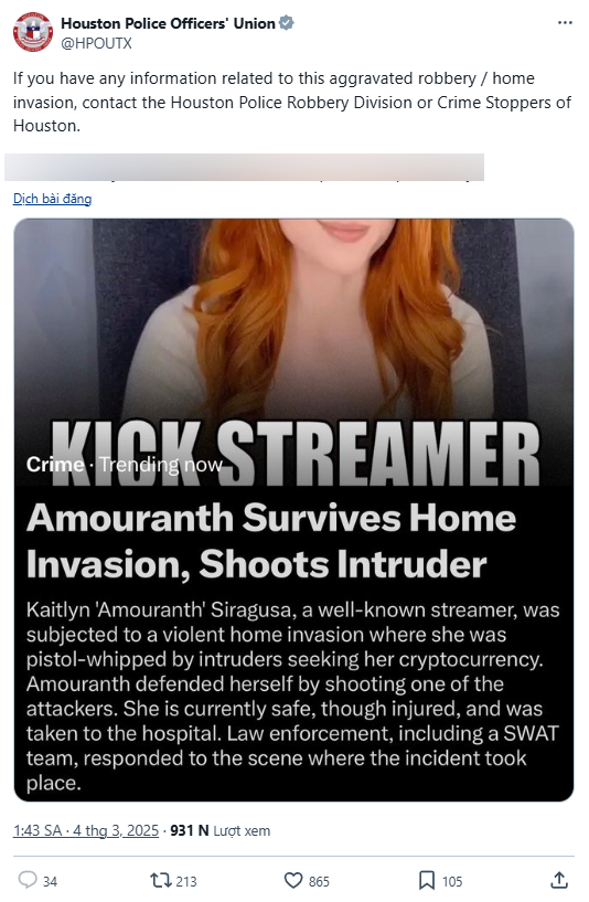 Cảnh sát Houston đã vào cuộc điều tra vụ việc và khuyên cô nên tạm ngừng hoạt động trên mạng xã hội. Nhiều fan lo lắng cho tình trạng tinh thần và sức khỏe của Amouranth sau vụ tấn công. (Ảnh: gamek)