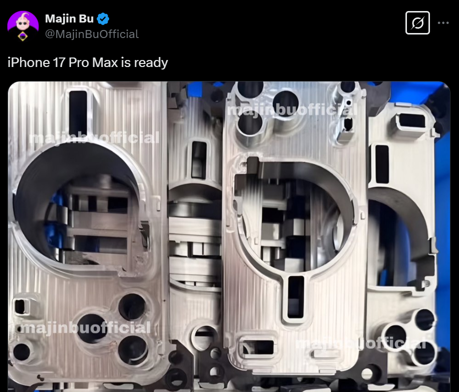 Hình ảnh rò rỉ có thể được chụp trên dây chuyền lắp ráp và cho thấy khung nhôm hoặc titan gia công bằng CNC. Nếu đúng, iPhone 17 Pro Max có thể đã bước vào giai đoạn gia công hoặc hoàn thiện lớp phủ. (Ảnh: Majin Bu)