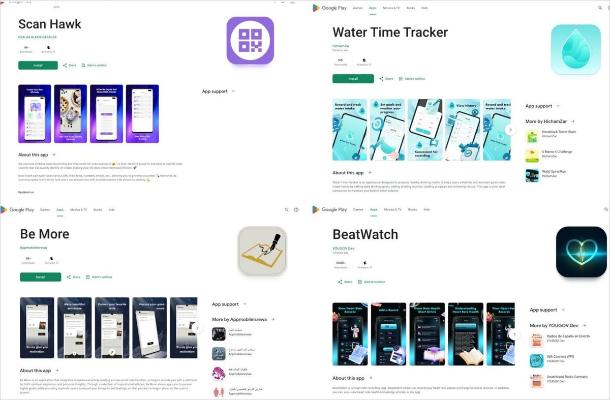Danh sách 8 ứng dụng nguy hiểm gồm AquaTracker, ClickSave Downloader, Scan Hawk, Water Time Tracker, Be More, BeatWatch, TranslateScan, và Handset Locator. (Ảnh: Đời sống pháp luật)