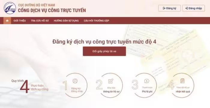 Tại trang chủ, bạn nhập từ khóa "Đổi giấy phép lái xe" vào ô tìm kiếm, chọn dịch vụ tương ứng và cơ quan thực hiện là Sở Giao thông Vận tải nơi cư trú hoặc nơi cấp giấy phép lái xe ban đầu.