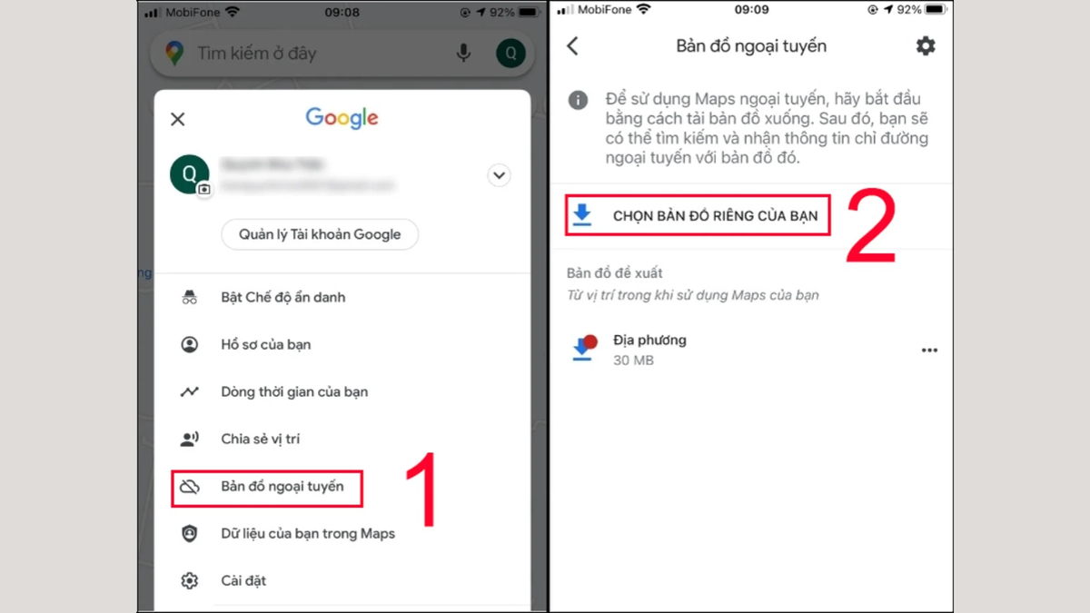 Để tải bản đồ, mở ứng dụng Google Maps, vào ảnh hồ sơ, chọn “Bản đồ ngoại tuyến” và “Chọn bản đồ riêng”. (Ảnh: innoshop)