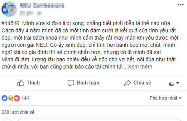 Câu chuyện thu hút hơn 14 nghìn lượt quan tâm cùng với đó là 330 lượt chia sẻ. Ảnh chụp màn hình