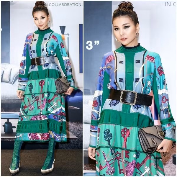 Nói về túi hiệu, sẽ thiếu sót nếu bỏ qua Thanh Hằng. ''Mẹ chồng'' sở hữu rất nhiều mẫu túi xa xỉ thuộc nhiều thương hiệu khác nhau. Tham gia một sự kiện, cô diện cả một set đồ lấy gam xanh lá làm chủ đạo đầy ấn tượng và nổi bật. Phụ kiện mà cô lựa chọn kèm theo là túi xách của thương hiệu Botte Gaveneta trị giá 4.410 USD (tương đương 100 triệu VND).