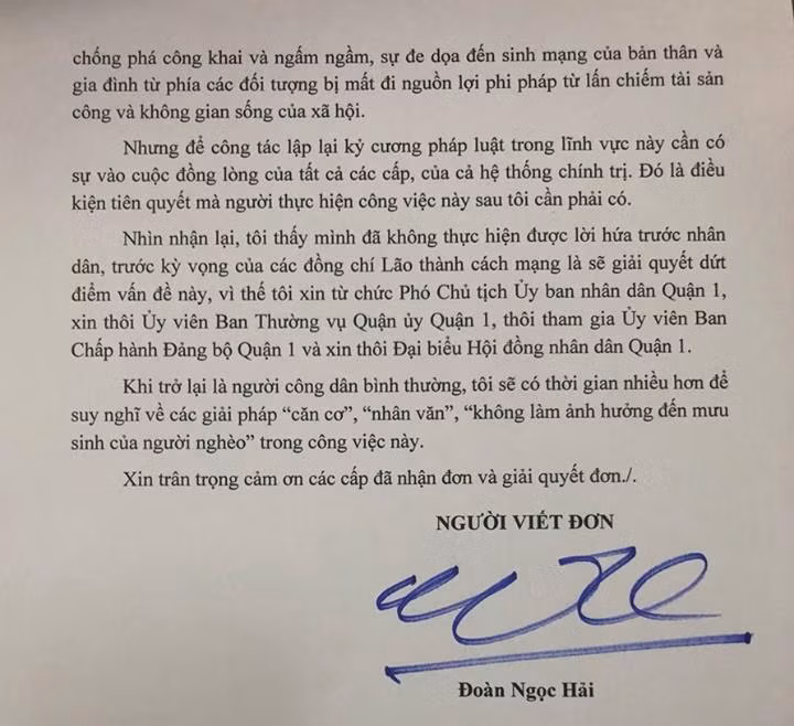 Toàn văn lá đơn xin từ chức của ông Đoàn Ngọc Hải.