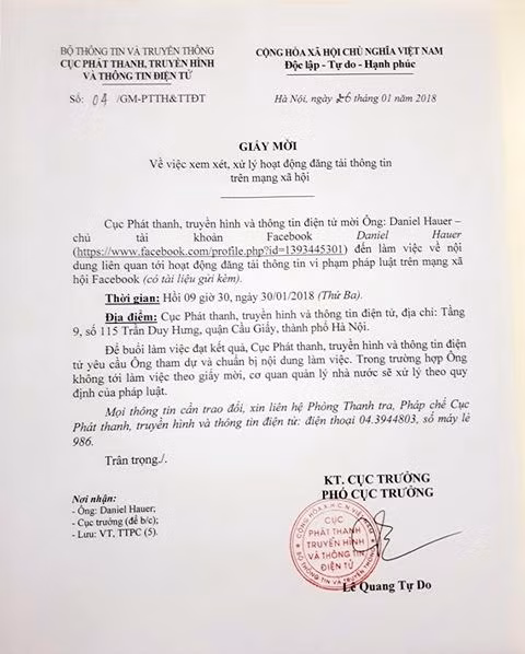 Cục Phát thanh, Truyền hình và Thông tin điện tử (Bộ TT&TT) đã gửi giấy mời ông Daniel Hauer đến làm việc.