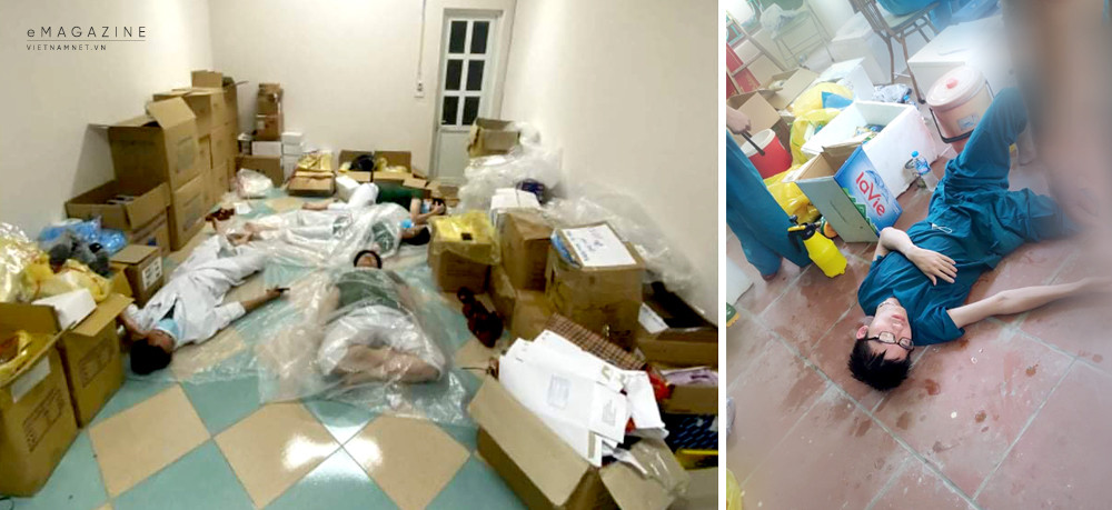 Cảnh cắt từ clip, các chiến sỹ trẻ của HV Quân Y nằm vật ra giường, ngủ thiếp đi vì kiệt sức, lăn xuống giường đối diện. Bỏ qua bữa trưa ngồi pha hoá chất... là những hình ảnh khiến nhiều người phải rơi lệ vì cảm động.