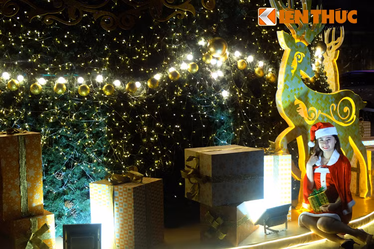 Ngoài những họa tiết trang trí, đèn chiếu sáng, hộp quà, cỗ xe tuần lộc tạo điểm nhấn hút mắt cho cây thông. Nhiều bạn trẻ đã chụp ảnh Giáng sinh sớm tại cây thông Noel ở một trung tâm thương mại trên phố Liễu Giai.