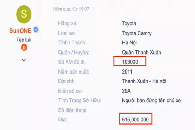 Theo thông tin rao bán trên sàn xe cũ, chiếc Toyota Camry tại Việt Nam đời 2010 này đang được chào bán với mức giá “thách cưới” 515 triệu đồng, ODO đã hơn 100.000km. Tầm giá 515 triệu đồng này chưa đủ để người mua lăn bánh Vios phiên bản tiêu chuẩn số sàn 3 túi khí (478 triệu đồng) có giá lăn bánh tạm tính ở TP.HCM khoảng 520 triệu đồng.