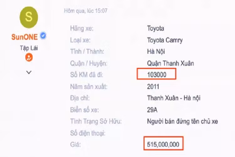 Theo thông tin rao bán trên sàn xe cũ, chiếc Toyota Camry tại Việt Nam đời 2010 này đang được chào bán với mức giá “thách cưới” 515 triệu đồng, ODO đã hơn 100.000km. Tầm giá 515 triệu đồng này chưa đủ để người mua lăn bánh Vios phiên bản tiêu chuẩn số sàn 3 túi khí (478 triệu đồng) có giá lăn bánh tạm tính ở TP.HCM khoảng 520 triệu đồng.