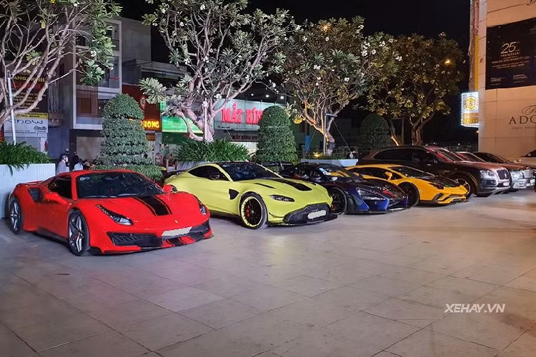Dàn siêu xe trăm tỷ ngay lập tức gây chú ý vì độ đa dạng và xa hoa, có tất cả 7 chiếc là Ferrari 488 Pista Spider đầu tiên Việt Nam, Lamborghini Aventador S, McLaren Senna MSO độc nhất tại Việt Nam, Aston Martin V8 Vantage, Bentley Mulsanne, Bentley Bentayga V8 và Mercedes-Maybach S450. Trong số đó, Ferrari 488 Pista Spider là thành viên mới nhất, xe được đưa về nước hồi cuối năm 2020.