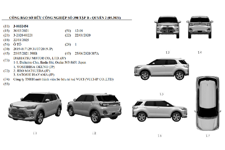 Bằng chứng là trong Công báo Sở hữu công nghiệp số 398, tập B quyển 2 - do Cục Sở hữu trí tuệ, trực thuộc Bộ Khoa học và công nghệ phát hành tháng 5/2021 - mục 3-0032454 bất ngờ xuất hiện hình ảnh chứng nhận bản quyền thiết kế của mẫu crossover Toyota Raize. Trong đó, đơn vị sở hữu bản quyền là Daihatsu Motor Nhật Bản - thương hiệu con thuộc quyền sở hữu của tập đoàn Toyota. Đây cũng là đơn vị chịu trách nhiệm phát triển mẫu xe Raize dưới cái tên khác là Rocky.