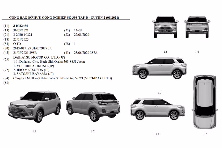 Bằng chứng là trong Công báo Sở hữu công nghiệp số 398, tập B quyển 2 - do Cục Sở hữu trí tuệ, trực thuộc Bộ Khoa học và công nghệ phát hành tháng 5/2021 - mục 3-0032454 bất ngờ xuất hiện hình ảnh chứng nhận bản quyền thiết kế của mẫu crossover Toyota Raize. Trong đó, đơn vị sở hữu bản quyền là Daihatsu Motor Nhật Bản - thương hiệu con thuộc quyền sở hữu của tập đoàn Toyota. Đây cũng là đơn vị chịu trách nhiệm phát triển mẫu xe Raize dưới cái tên khác là Rocky.