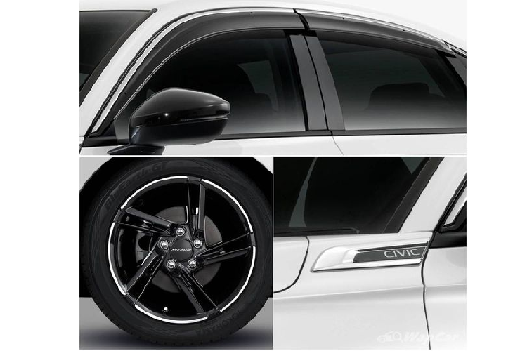 Ngoài ra, chủ xe cũng có thể mua thêm nhiều trang bị khác từ Modulo Thái Lan như mâm xe 17 inch màu đen có giá 21.000 baht (14,4 triệu đồng), chắn bùn có chữ Civic giá 1.950 baht ( 1,3 triệu đồng), ốp gương cửa và các tấm che cửa giá 1.000 baht và 1.800 baht ( 686.000 đồng - 1,2 triệu đồng).