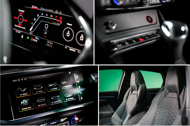 Audi RS Q3 Sportback quattro còn có buồng lái ảo Audi Virtual Cockpit, cùng màn hình LCD 12,3 inch, hiển thị 3D. Hệ thống giải trí với màn hình trung tâm cảm ứng 10,1 inch.