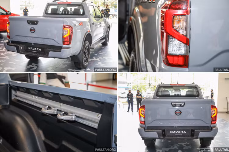 Cản sau được thiết kế 2 bậc, đồng thời chiều cao của bệ bước chân giảm 170 mm giúp việc leo lên thùng hàng thuận tiện hơn. Đèn hậu dạng LED có đồ họa chữ C, đuôi xe được tân trang lại. Nhằm tăng tính thẩm mỹ, Nissan Navara Pro-4X còn có các chi tiết sơn đen như tay nắm cửa, ốp gương, giá nóc và bệ bước chân, cùng một số điểm nhấn màu đỏ cam như huy hiệu Nissan, nắp tời, vòm bánh xe.