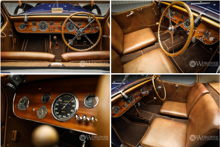 Bên trong, nội thất vẫn giữ được nguyên bản. Ghế được bọc da, các chi tiết ốp bằng gỗ cao cấp. Những biểu tượng chạm khắc, đồng hồ đo trên xe được đánh bóng tỉ mỉ.