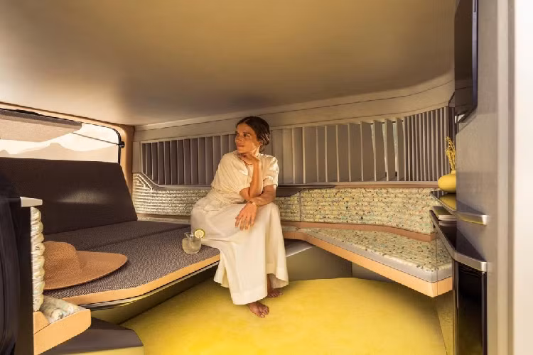 Khi tắm nắng, cửa sau và rèm tích hợp cung cấp bóng râm và sự kín đáo cho người dùng. Trong khi đó, nóc xe được trang bị bàn gấp, và tựa lưng có thể tháo rời, là nơi hoàn hảo cho những ngày hè nhàn rỗi. Bởi nội thất xe không hề có trang bị để nấu ăn, sạc điện hay thậm chí nhà vệ sinh, Renault hình dung rằng Hippie Caviar Hotel sẽ được sử dụng kèm dịch vụ giao hàng bằng máy bay drone để giải quyết những nhu cầu tất yếu hàng ngày đó.