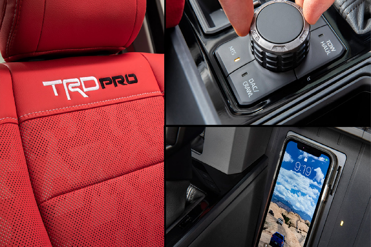 Về trang bị bên trong nội thất, Toyota Tundra thế hệ mới sở hữu cửa sổ trời toàn cảnh, trang bị này chưa từng có trên Tundra trước đây. Bên cạnh đó, cửa kính phía sau cho phép trượt xuống hoàn toàn để người dùng có thể linh động hơn khi sử dụng, khi nó thông với thùng phía sau.