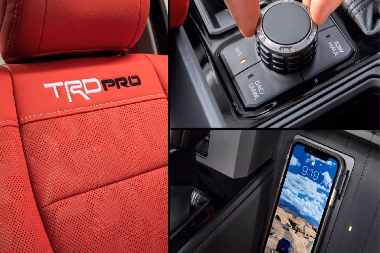 Về trang bị bên trong nội thất, Toyota Tundra thế hệ mới sở hữu cửa sổ trời toàn cảnh, trang bị này chưa từng có trên Tundra trước đây. Bên cạnh đó, cửa kính phía sau cho phép trượt xuống hoàn toàn để người dùng có thể linh động hơn khi sử dụng, khi nó thông với thùng phía sau.