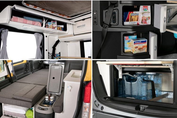 Hãng xe Nhật Bản thiết kế nhiều tủ và ngăn chứa vật dụng cho N-Van Compo. Bình trữ nước sạch được lắp ở phía đuôi xe, cung cấp nước cho việc nấu nướng hoặc vệ sinh cơ bản.