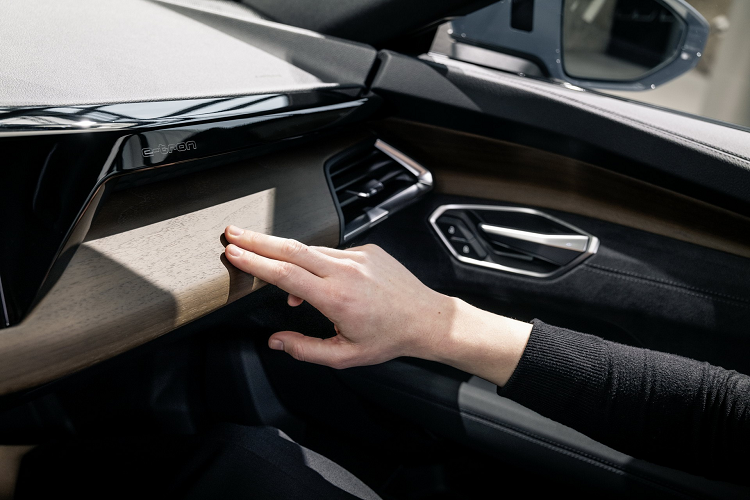 Bên trong, Audi e-tron GT có tùy chọn nội thất không sử dụng da, thay vào đó là các vật liệu tái chế. Điển hình là bộ ghế có tùy chọn bằng vật liệu PET, tái chế từ các vỏ chai nhựa.