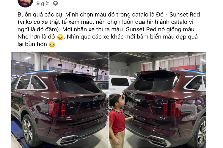 Cụ thể, khách hàng này đã đặt một chiếc Kia Sorento 2021 màu Đỏ (Sunset Red), tuy nhiên lúc nhận xe thực tế màu đỏ của xe hơi sẫm màu, không đỏ tươi như trên bảng màu catalogue lúc xe ra mắt. Khách hàng này chia sẻ: “Buồn quá. Mình chọn màu đỏ trong catalo là Đỏ - Sunset Red (vì không có xe thực tế xem màu, nên chọn luôn qua hình ảnh catalogue vì nghĩ là xe mà Đỏ đậm). Mới nhận xe thì ra màu Sunset Red nó giống màu Nho hơn là Đỏ. Nhìn qua các xe khác mới bấm biển màu đẹp quá lại buồn hơn”.