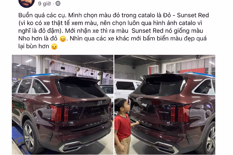 Cụ thể, khách hàng này đã đặt một chiếc Kia Sorento 2021 màu Đỏ (Sunset Red), tuy nhiên lúc nhận xe thực tế màu đỏ của xe hơi sẫm màu, không đỏ tươi như trên bảng màu catalogue lúc xe ra mắt. Khách hàng này chia sẻ: “Buồn quá. Mình chọn màu đỏ trong catalo là Đỏ - Sunset Red (vì không có xe thực tế xem màu, nên chọn luôn qua hình ảnh catalogue vì nghĩ là xe mà Đỏ đậm). Mới nhận xe thì ra màu Sunset Red nó giống màu Nho hơn là Đỏ. Nhìn qua các xe khác mới bấm biển màu đẹp quá lại buồn hơn”.