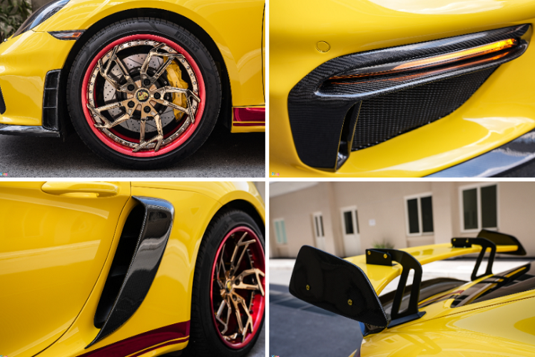 Mâm xe nguyên bản được thay thế bằng mâm WatercooledIND kích thước 20 inch có màu vàng đồng, viền màu chrome đỏ, tương phản với kẹp phanh màu vàng bên trong. Hệ thống phanh này cũng được nâng cấp thành phanh hiệu suất cao.