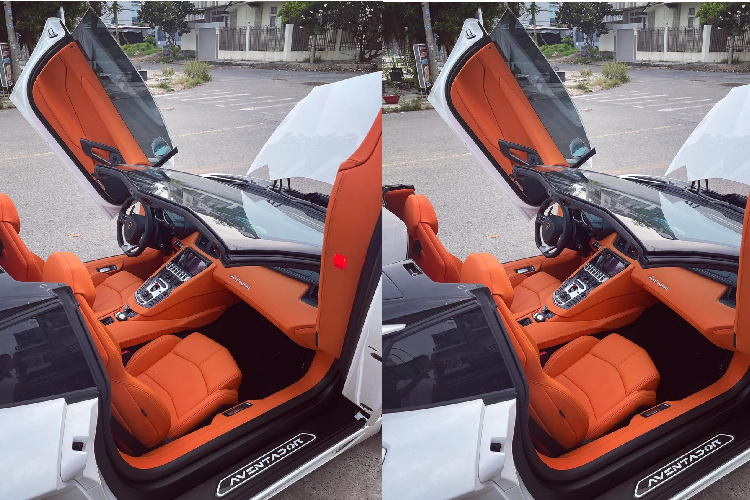 Sau khi làm đẹp ngoại thất, chiếc siêu xe mui trần Lamborghini Aventador LP700-4 Roadster đã được cho đi thẩm mỹ lại khoang lái của xe để mang đến sự mới mẻ. Nguyên bản siêu xe Lamborghini Aventador LP700-4 mui trần có nội thất màu đen nhưng ghế ngồi đã bắt đầu có dấu hiệu của lão hóa nên được người bán siêu xe ở huyện Bình Chánh cho đi thay áo mới sang màu cam đất khá ấn tượng. 