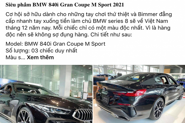 Tổng cộng 3 chiếc xe sang BMW 840i Gran Coupe M Sport được sơn 3 màu khác nhau bao gồm: Đen (Carbon Black), Trắng (Mineral White) và Đỏ (Aventurine Red). Ngoài ra, hứa hẹn sẽ có thêm chiếc thứ 4 sở hữu màu sắc nhân hoá có giá đắt hơn khoảng 300 triệu đồng.