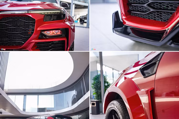 Đèn định vị ban ngày được giữ nguyên, trong khi đèn chiếu sáng dạng bi-LED X-Light V30 L Ultra có ánh sáng đỏ. Bên dưới đèn định vị được khoét thêm 2 hốc ốp nhựa, sự kết hợp của 2 chi tiết này khiến phần đầu xe khá giống mẫu Audi Q8. Xe được bổ sung thêm líp cản trước sơn đen.