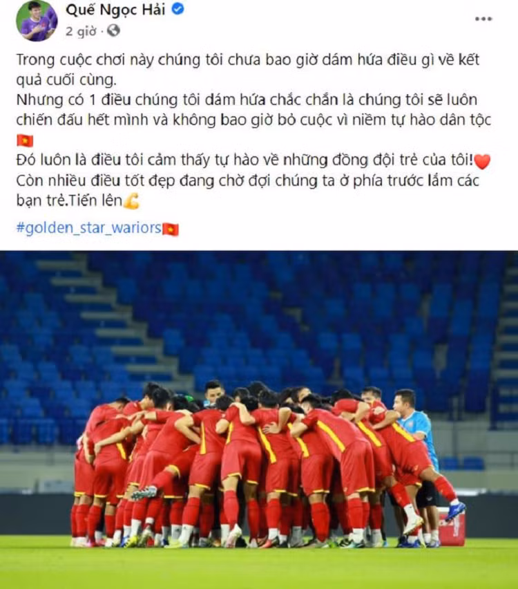 Đội trưởng Quế Ngọc Hải thay mặt ĐT Việt Nam hứa sẽ chiến đấu hết mình trong mọi trận đấu.