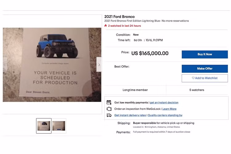 Dù vậy, đa phần những chiếc Ford Bronco được rao bán với giá rất cao này đều là bản đặc biệt Bronco First Edition với số lượng giới hạn 7.000 xe và được bổ sung thêm một số trang bị đặc biệt. Vì vậy mà chiếc Ford Bronco First Edition 4 cửa tại Mỹ có giá niêm yết ở mức 63.250 USD (1,44 tỷ đồng). Mức giá này mang đến cho khách hàng một chiếc SUV với rất nhiều trang bị đắt đỏ, tuy nhiên giá thành của xe lại bị đội lên đến 150.000 liệu có hợp lý hay không?