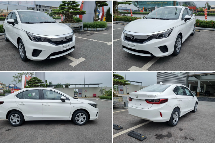 Ngoại hình của Honda City E tương tự bản G, điểm khác biệt nằm ở mâm xe. Phiên bản thấp nhất của Honda City thế hệ mới được trang bị mâm thép ốp nhựa 15 inch, trong khi bản G có mâm hợp kim 15 inch. Đèn pha chiếu sáng là dạng halogen projector, đèn hậu và đèn định vị dạng LED. Phiên bản này không có đèn xi-nhan tích hợp trên gương chiếu hậu.