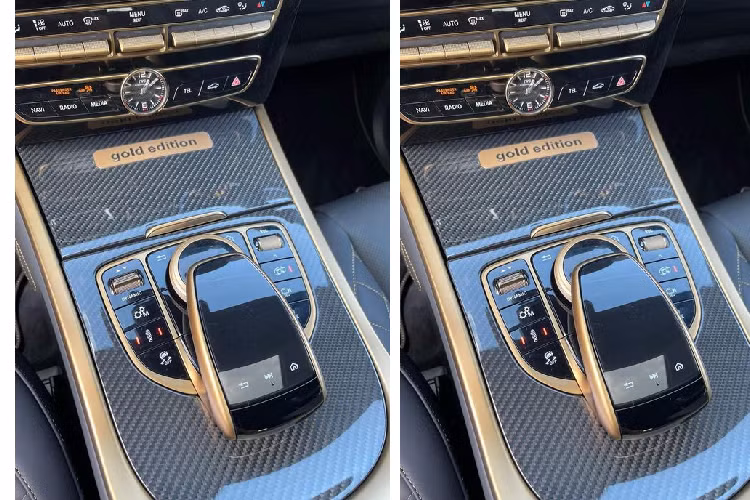 Cụ thể, toàn bộ các chi tiết trang trí của xe đều được sơn màu vàng đồng nổi bật, bao gồm từ khu vực mâm xe, gương, ốp hộp lốp sơ-cua, logo sau và các chi tiết bên trong khoang cabin...