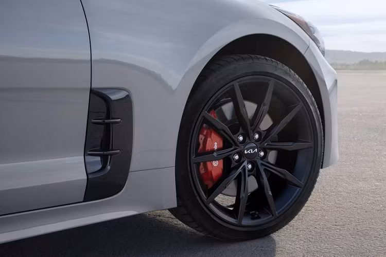 Tiếp đến là bộ vành hợp kim có đường kính 19 inch và được sơn màu đen. Đây là bộ vành dành riêng cho Kia Stinger Scorpion Special Edition 2022 và đi với cùm phanh màu đỏ tương phản.