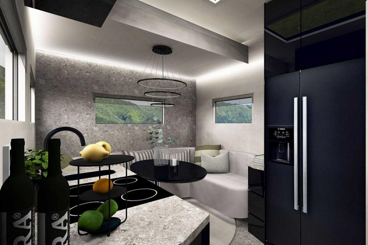 CNhìn từ bên ngoài, chiếc xe trông dữ dằn và cứng cáp với màu sơn xám. Tuy nhiên, một khi bước vào bên trong, bạn sẽ cảm thấy như bước vào một thế giới hoàn toàn khác. Các màu sắc trắng, đen, và xám kết hợp với nhau để tạo ra không gian sống giống với một căn hộ sang trọng ở New York. Không gian tiếp khách ở phía sau có một ghế sofa lớn bao xung quanh với một chiếc bàn nhỏ ở giữa...