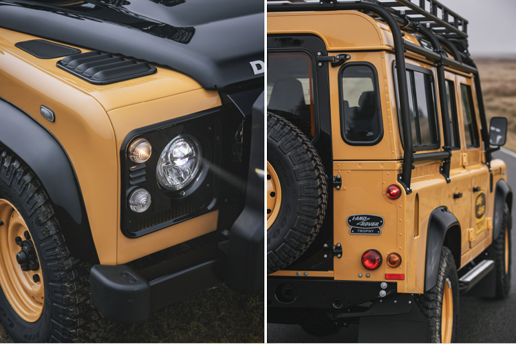 V8 Trophy được bán ra thị trường với duy nhất màu sơn ngoại thất vàng Eastnor Yellow, đi cùng là các chi tiết màu đen Narvik Black tạo điểm nhấn. Dễ nhận biết V8 Trophy với các phiên bản Defender khác thông qua lưới tản nhiệt trước và huy hiệu Trophy phía sau.