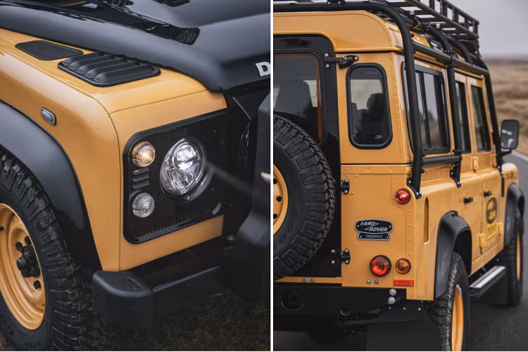 V8 Trophy được bán ra thị trường với duy nhất màu sơn ngoại thất vàng Eastnor Yellow, đi cùng là các chi tiết màu đen Narvik Black tạo điểm nhấn. Dễ nhận biết V8 Trophy với các phiên bản Defender khác thông qua lưới tản nhiệt trước và huy hiệu Trophy phía sau.