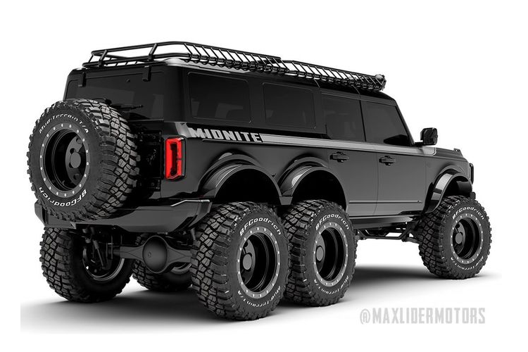 Về phần bản độ Ford Bronco 6x6 từ Maxlider Brothers Customs, mẫu xe này vẫn mang đúng thiết kế ban đầu từ nhà sản xuất nhưng bộ body-kit bên ngoài đã được thay đổi với phong cách hầm hố, hoang dã và cá tính hơn. Bộ cản dưới trước/sau nguyên bản đã bị loại bỏ để nhường chỗ cho các tấm ốp kim loại sơn đen mới, lốp xe loại địa hình chuyên dụng hay dàn đèn trợ sáng trên nóc...