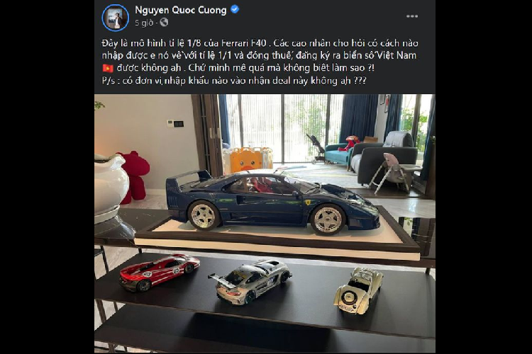 Cụ thể, vị doanh nhân 8x đã đăng tải hình ảnh một chiếc siêu xe Ferrari F40 mô hình với tỉ lệ 1:8 kèm theo dòng trạng thái: "Đây là mô hình tỉ lệ 1/8 của Ferrari F40. Các cao nhân cho hỏi có cách nào nhập được e nó về với tỉ lệ 1/1 và đóng thuế, đăng ký ra biển số Việt Nam được không ạh. Chứ mình mê quá mà không biết làm sao ?! P/s : có đơn vị nhập khẩu nào vào nhận deal này không ạh ???"