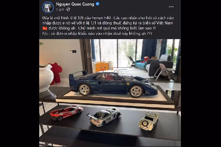 Cụ thể, vị doanh nhân 8x đã đăng tải hình ảnh một chiếc siêu xe Ferrari F40 mô hình với tỉ lệ 1:8 kèm theo dòng trạng thái: "Đây là mô hình tỉ lệ 1/8 của Ferrari F40. Các cao nhân cho hỏi có cách nào nhập được e nó về với tỉ lệ 1/1 và đóng thuế, đăng ký ra biển số Việt Nam được không ạh. Chứ mình mê quá mà không biết làm sao ?! P/s : có đơn vị nhập khẩu nào vào nhận deal này không ạh ???"