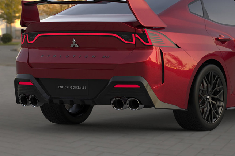 Cụm đèn hậu bắt mắt nhờ dải LED đỏ báo phanh nối liền chiều ngang thân xe. Và để hoàn thiện thiết kế mỹ miều này, Enoch bổ sung cho Lancer Evo XI 2023 một cụm khí xả đôi dạng kép, với 2 cặp pô mỗi bên.