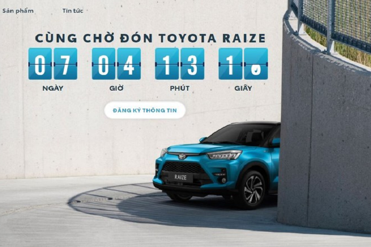 Đúng như thông tin từ giới tư vấn bán hàng, Toyota Raize 2022 mới quả thật sẽ được ra mắt vào đầu tháng 11 tới đây. Hiện tại, hãng xe Nhật Bản đã thiết lập một đường link riêng biệt cho mẫu SUV cỡ nhỏ này để tiện cho người dùng tham khảo thông tin, đi cùng một đồng hồ đếm ngược tới ngày và giờ ra mắt, cụ thể là 19:30 ngày 4/11/2021.