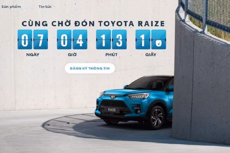 Đúng như thông tin từ giới tư vấn bán hàng, Toyota Raize 2022 mới quả thật sẽ được ra mắt vào đầu tháng 11 tới đây. Hiện tại, hãng xe Nhật Bản đã thiết lập một đường link riêng biệt cho mẫu SUV cỡ nhỏ này để tiện cho người dùng tham khảo thông tin, đi cùng một đồng hồ đếm ngược tới ngày và giờ ra mắt, cụ thể là 19:30 ngày 4/11/2021.