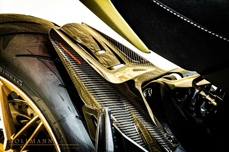 Ngoài ra, xe còn có nhiều chi tiết được sử dụng sợi carbon cũng như con số 63 bên hông xe như dấu hiệu nhận biệt đây là Ducati Diavel 1260 Lamborghini phiên bản giới hạn 630 chiếc cũng như là "hậu duệ" của Lamborghini Sian ở phân khúc mô tô. Cuối cùng là bộ khung màu vàng Electrum phối cùng xanh Gea Green ấn tượng.