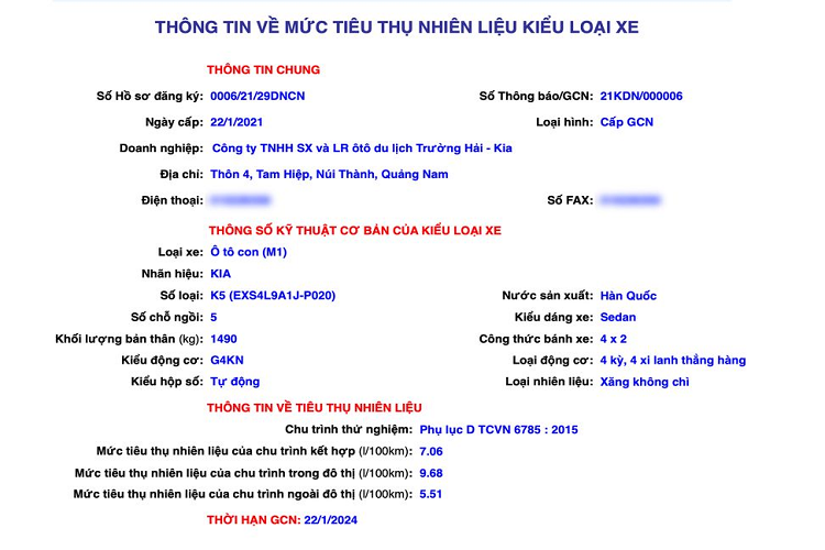 Theo thông tin từ Cục Đăng kiểm, Kia K5 thế hệ thứ 3 chính thức được cấp giấy chứng nhận mức tiêu thụ nhiên liệu từ ngày 22/1/2021. Xe sẽ được trang bị động cơ có tên mã là G4KN, loại Smartstream 2.5 GDI, sản sinh công suất 191 mã lực tại 6.100 vòng/phút và 245 Nm mô-men xoắn tại 4.000 vòng/phút, đi kèm trang bị hộp số tự động. Mức tiêu hao nhiên liệu đo được của xe trong điều kiện hỗn hợp đạt 7,06l/100km.
