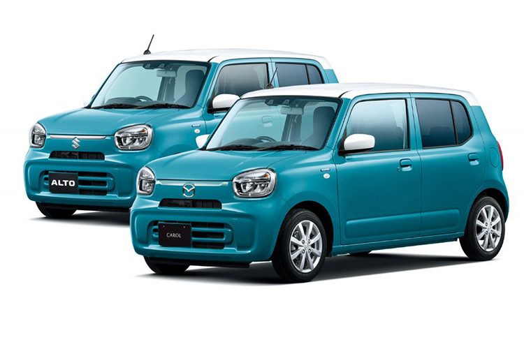 Trong khi đó, bản cao cấp hơn của xe được trang bị đèn pha LED với viền màu bạc bao quanh và vành la-zăng hợp kim 14 inch có thiết kế 7 chấu giống Suzuki Alto 2022. Ngoài ra, Mazda Carol 2022 bản cao cấp còn đi kèm ốp gương ngoại thất và nóc sơn tương phản với thân xe.