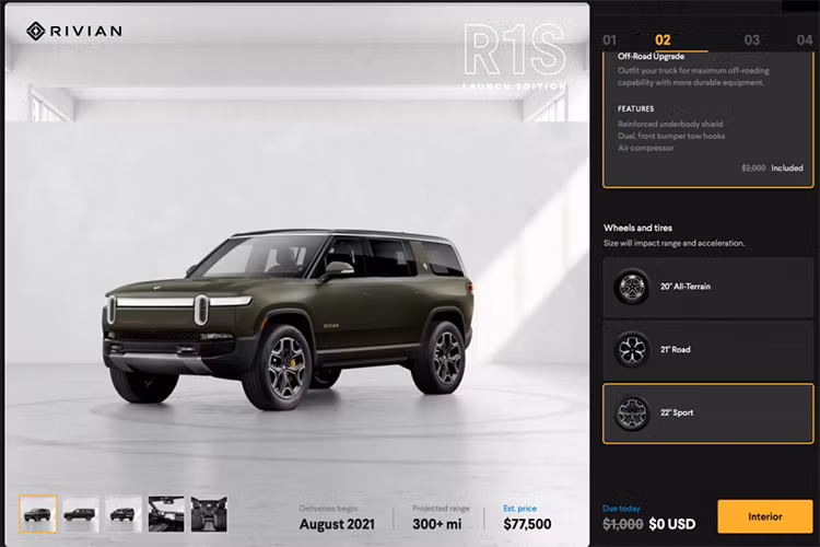 Mức giá xe Rivian R1S và R1T công bố tại thị trường Mỹ lần lượt cho hai phiên bản là: SUV 70.000 đến 75.500 USD (khoảng 1 tỷ - 1,7 tỷ đồng) với 3 phiên bản tùy chọn, bán tải 67.500-73.000 USD (khoảng 1,5 tỷ - 1,6 tỷ đồng).