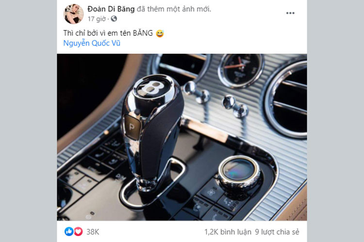 Tấm hình nữ ca sĩ đăng tải là cần số của mẫu Continental GT, tuy nhiên theo thông tin chính chủ tiết lộ rằng siêu phẩm vừa được đặt cọc là Bentley Flying Spur. Trước đó, vào khoảng tháng 7/2021, nữ ca sĩ doanh nhân từng đăng tải một video trên TikTok cho thấy mình đang chọn màu sơn xe trong một showroom Bentley.